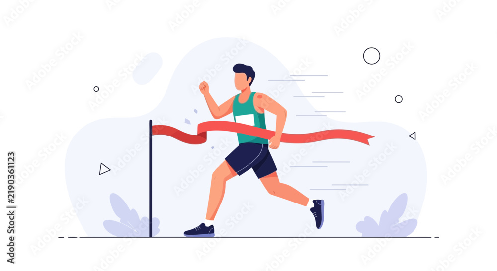 Fototapeta premium Runner crossing the finish line tape, illustration of success, achievement, and winning a race.