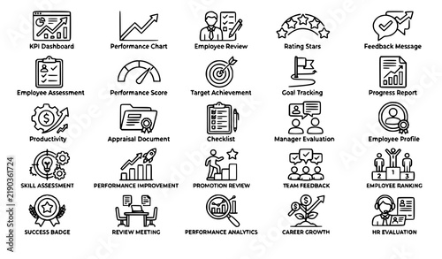 Employee Evaluation and Performance Review Line Icons with Editable Stroke Vector Symbols
