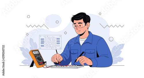 Technician using multimeter to test electronic circuit board with digital illustration style, conveying technology and engineering concepts.