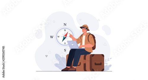 Traveler with Backpack and Laptop Using Compass for Navigation, Vector Illustration