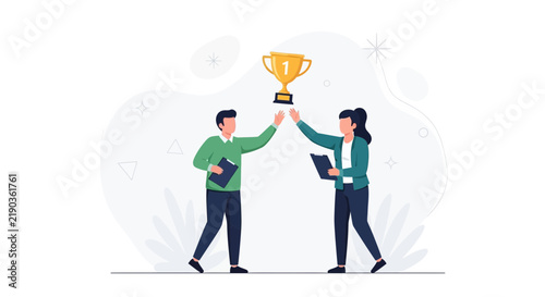 Two colleagues celebrate winning a trophy with a high five, symbolizing success, teamwork, and achievement in a modern flat illustration style.