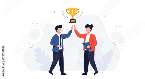 Two diverse business people celebrate success with a high five and a trophy, symbolizing teamwork and achievement in a modern flat design.