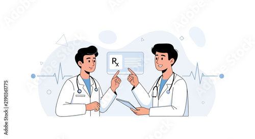 Two doctors discussing a prescription or medical record on a digital screen, illustrating healthcare consultation and technology.