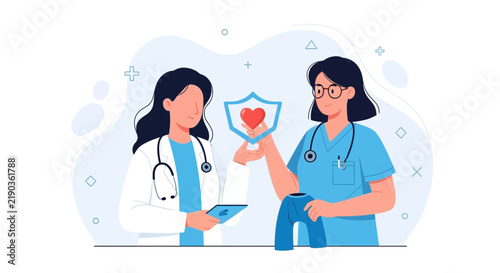Two female doctors holding a shield with a heart symbol, representing healthcare, medical care, and protection.