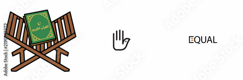 Quran on Wooden Stand with Hand and Equal Symbol Illustration