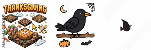 Thanksgiving Halloween fusion pie bird illustration with pumpkin and bat
