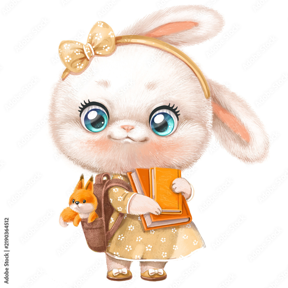 Fototapeta premium Cute cartoon bunny girl in a dress with school backpack and textbooks go to school