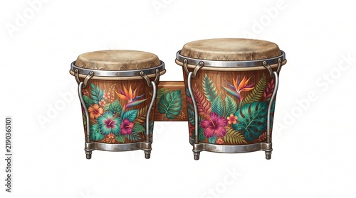 Decorative Wooden Bongo Drums with Vibrant Tropical Floral Botanical Artistry and Exotic Leaf Patterns for Musical Percussion Performances