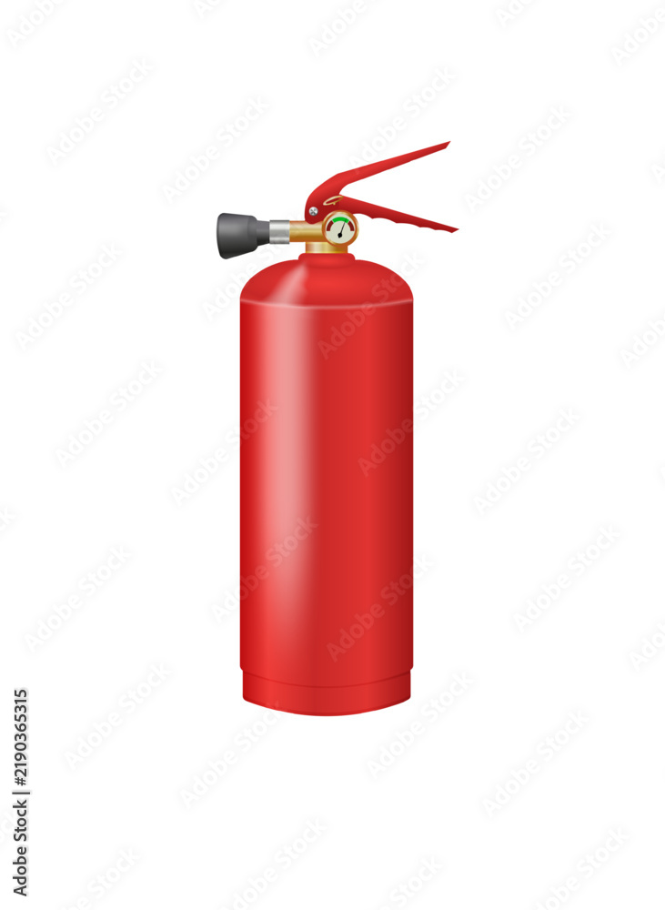 Obraz premium Realistic Fire Extinguisher Isolated for Safety and Emergency Design. Fire safety equipment illustration featuring red extinguisher with flame symbols.