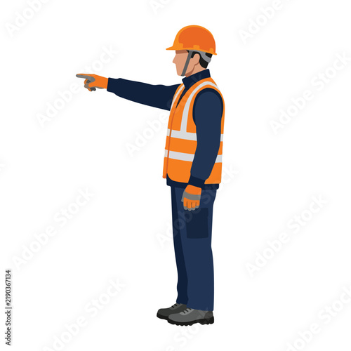 Construction worker in safety vest and hard hat pointing forward vector