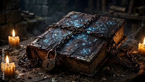 Ancient Grimoire with Glowing Magic Sigils and Chains