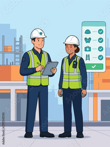 Construction engineers conducting safety check with mobile tablet