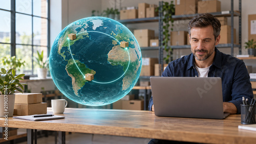 Hombre con laptop y globo terráqueo con paquetes y rutas luminosas, logística internacional, comercio electrónico y distribución global de mercancías