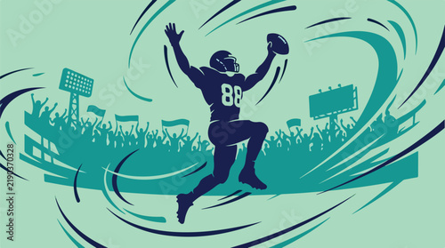 Stylized American football player celebration in dynamic stadium