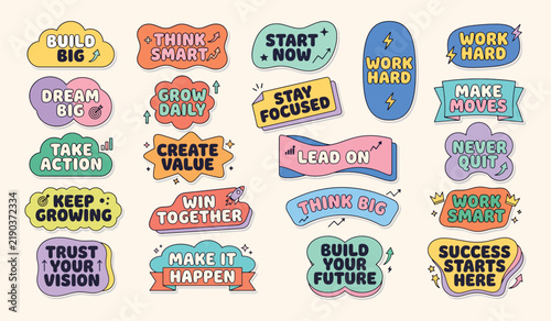 Set of colorful motivational quote stickers for inspiration and success