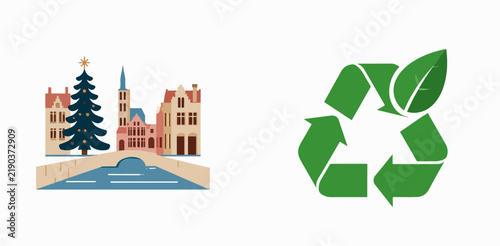 Eco-friendly Christmas town with recycling symbol illustration