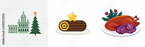 Holiday-Themed Icons Set: Capitol Building, Christmas Tree, Yule Log Cake, Roasted Turkey