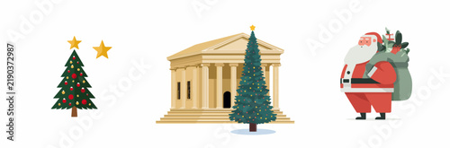 Santa Claus with Presents in Front of Classical Christmas Tree and Temple