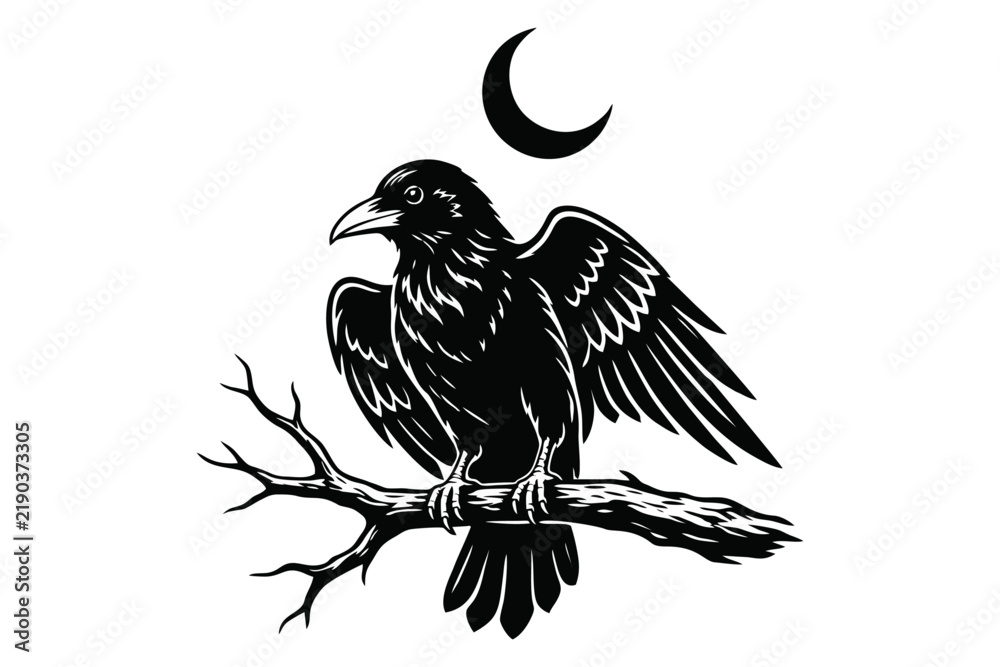 Obraz premium Black Raven Perched on Bare Tree Branch with Crescent Moon Illustration