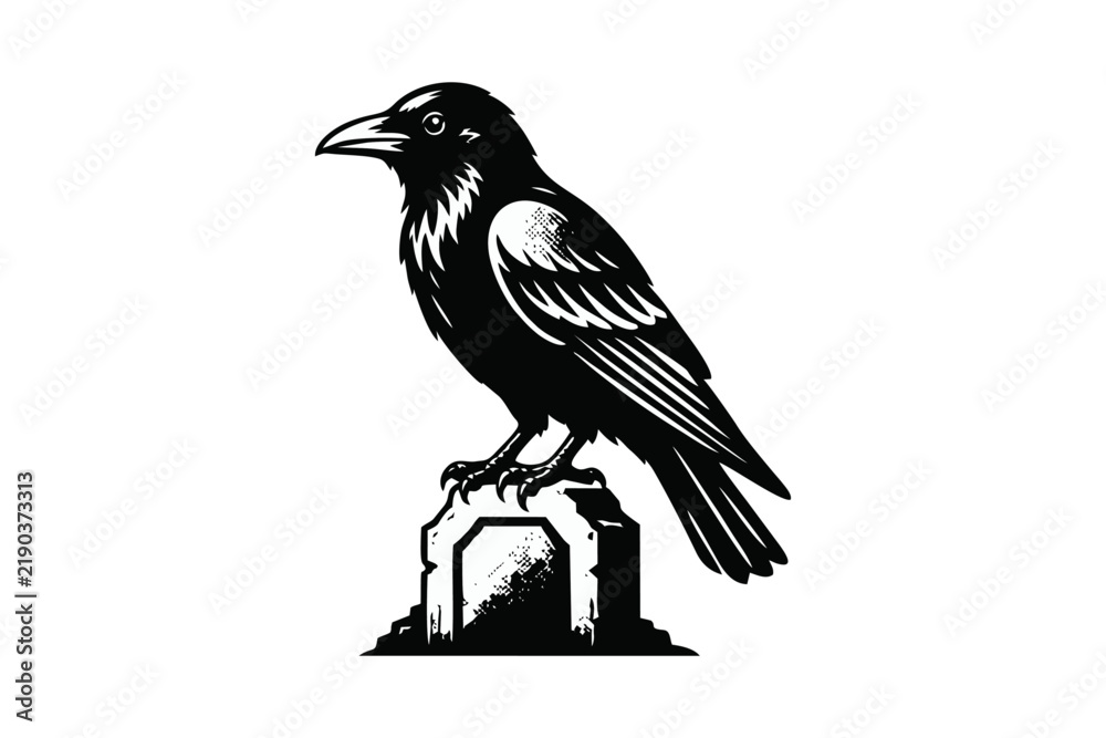 Obraz premium Black Crow Perched on Stone Pedestal Isolated Vector Graphic
