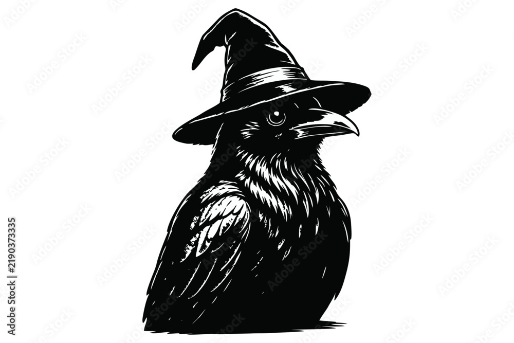 Obraz premium Black Raven Bird Wearing Pointed Witch Hat Illustration