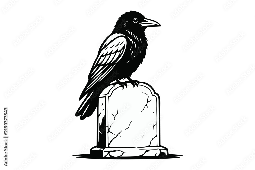 Obraz premium Black Crow Perched on Weathered Gravestone Vector Illustration