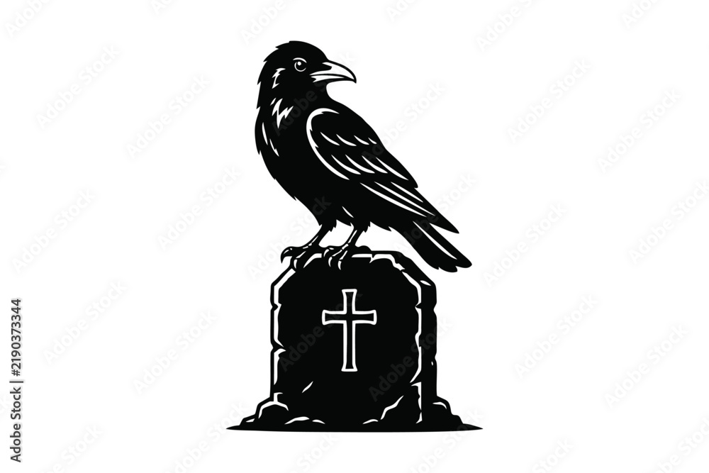 Obraz premium Black Raven Perched on Gravestone with Christian Cross Silhouette Vector Illustration