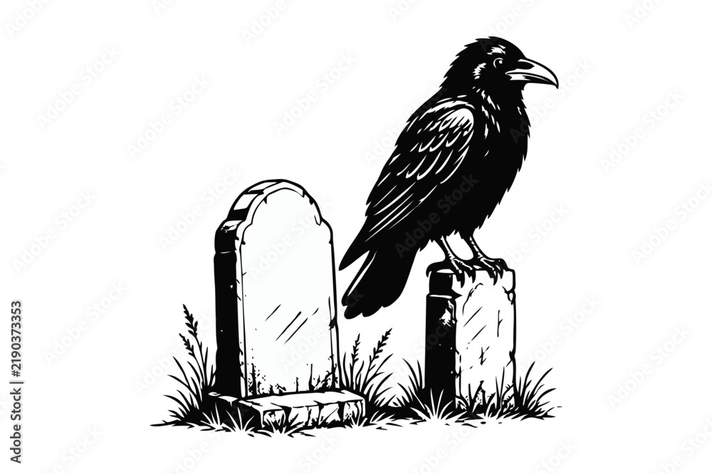 Obraz premium Black Raven Perched on Gravestone in Cemetery, Halloween Gothic Illustration