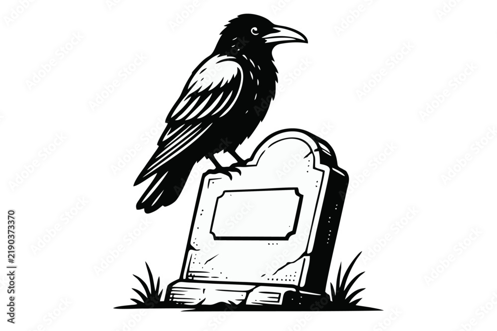 Obraz premium Black Crow Perched on Tombstone Vector Illustration for Halloween and Gothic Themes