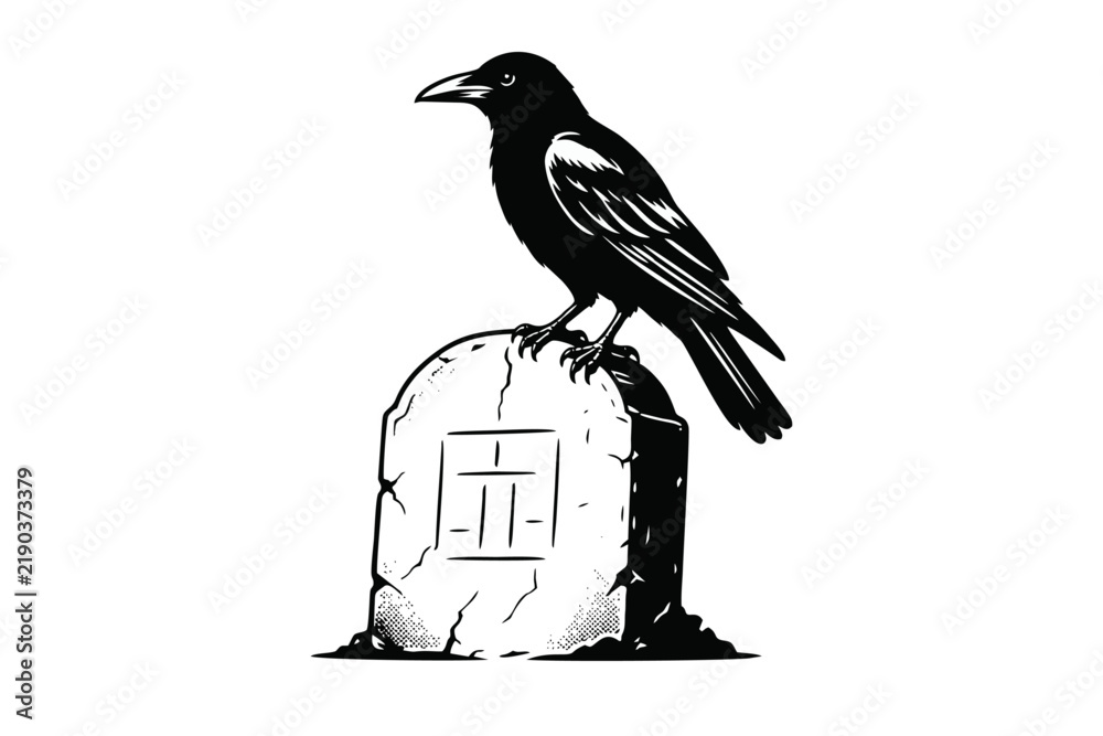 Obraz premium Black Crow Perched on Tombstone Illustration - Gothic Death Symbol in Woodcut Style