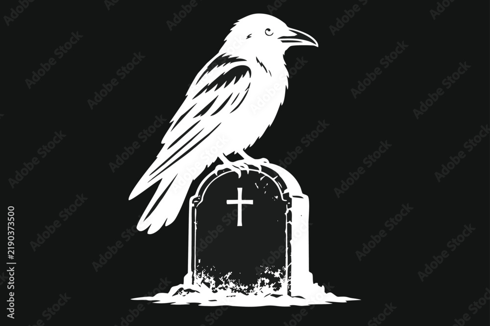 Obraz premium Black and white vector illustration of a crow or raven perched atop a gravestone with a cross symbol.