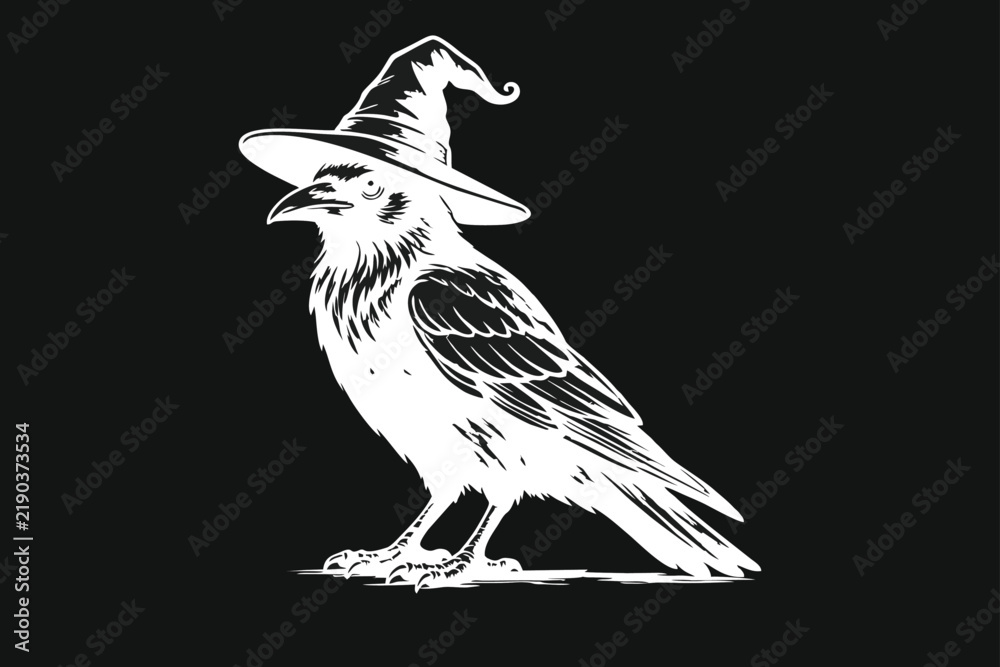 Obraz premium Stylized White Raven or Crow Wearing a Witch Hat Illustration on Black Background