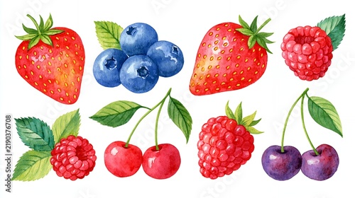 Minimalist scandi watercolor summer fruit clipart set, elegant strawberries, raspberries, blueberries, cherries with leaves, organic fresh food design asset isolated on white background.