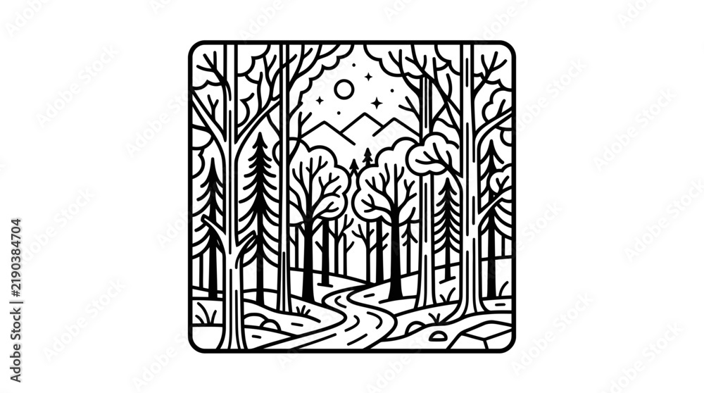 Fototapeta premium Stylized Forest Path with Mountains, Moon, and Stars - Line Art Illustration