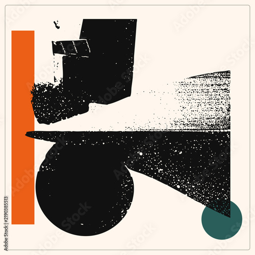 Distressed abstract collage with stippled grunge shapes, a bold burnt orange bar, and a muted teal dot. Modernist cutout layers brush texture and geometric forms for a raw retro print feel.