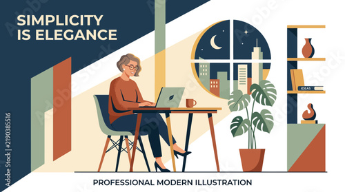A professional woman works on a laptop in a modern home office at night