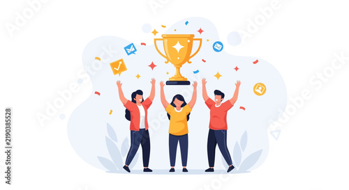 Team celebrating victory with a trophy, confetti, and achievement icons. Success, teamwork, and recognition concept illustration.