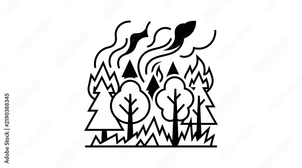 Fototapeta premium Forest Fire Icon: Burning Trees, Smoke, Flames, Natural Disaster, Danger