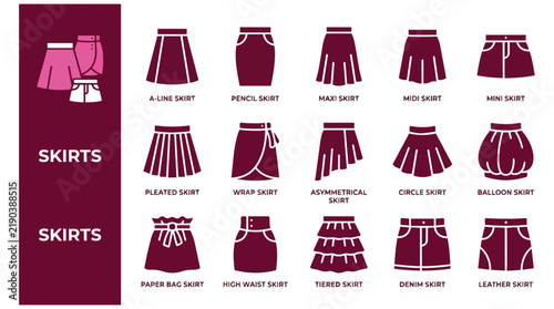 Comprehensive Collection of Women Skirt Type Icons Including Mini Maxi Pencil and Pleated Styles