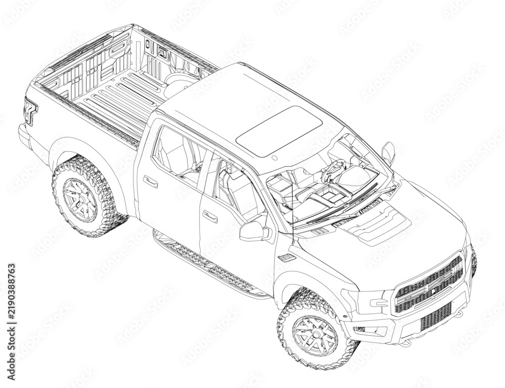 Fototapeta premium Detailed sketch of a large pickup truck on white background with labeled components and numbered parts. Isometric view