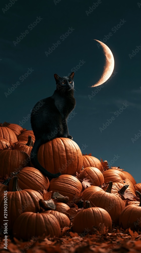 Fototapeta premium a black cat perched atop a large, orange pumpkin. The cats gaze is directed to the moon, casting a soft glow on the scene.