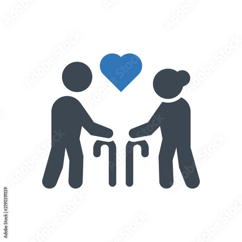 Elderly couple with canes holding hands under a blue heart symbol representing love and care in a simple icon style