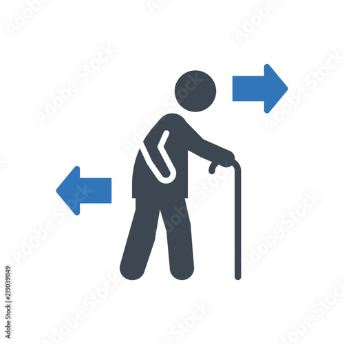 Elderly figure with cane moving forward and backward with directional arrows on white background