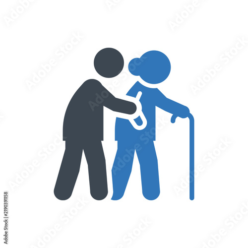 Elderly person with cane assisted by caregiver during daytime on white background vector illustration