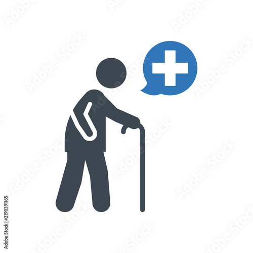 Elderly person with cane communicating health needs via speech bubble with medical cross icon