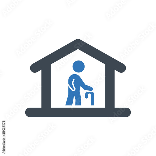 Elderly Person with Cane inside House Icon representing Senior Living and Care Services