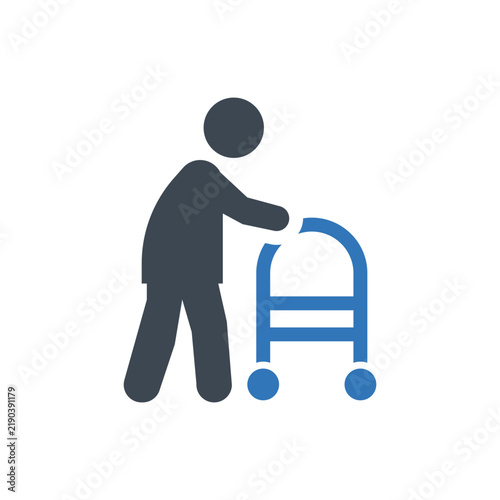 Elderly person with walker on white background symbolizing mobility and independence in senior care