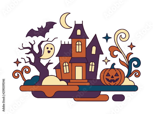 Flat vector Halloween set featuring a carved pumpkin, witch hat, spooky ghost, flying bats, and moon