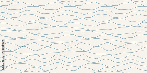 Seamless thin wavy line pattern in navy blue on a cream background, resembling ocean waves or contour topography, ideal for coastal fabric printing and nautical home decor