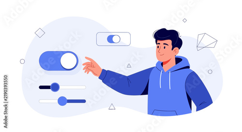 Man Adjusting Sliders and Toggle Switch in Modern Flat Design